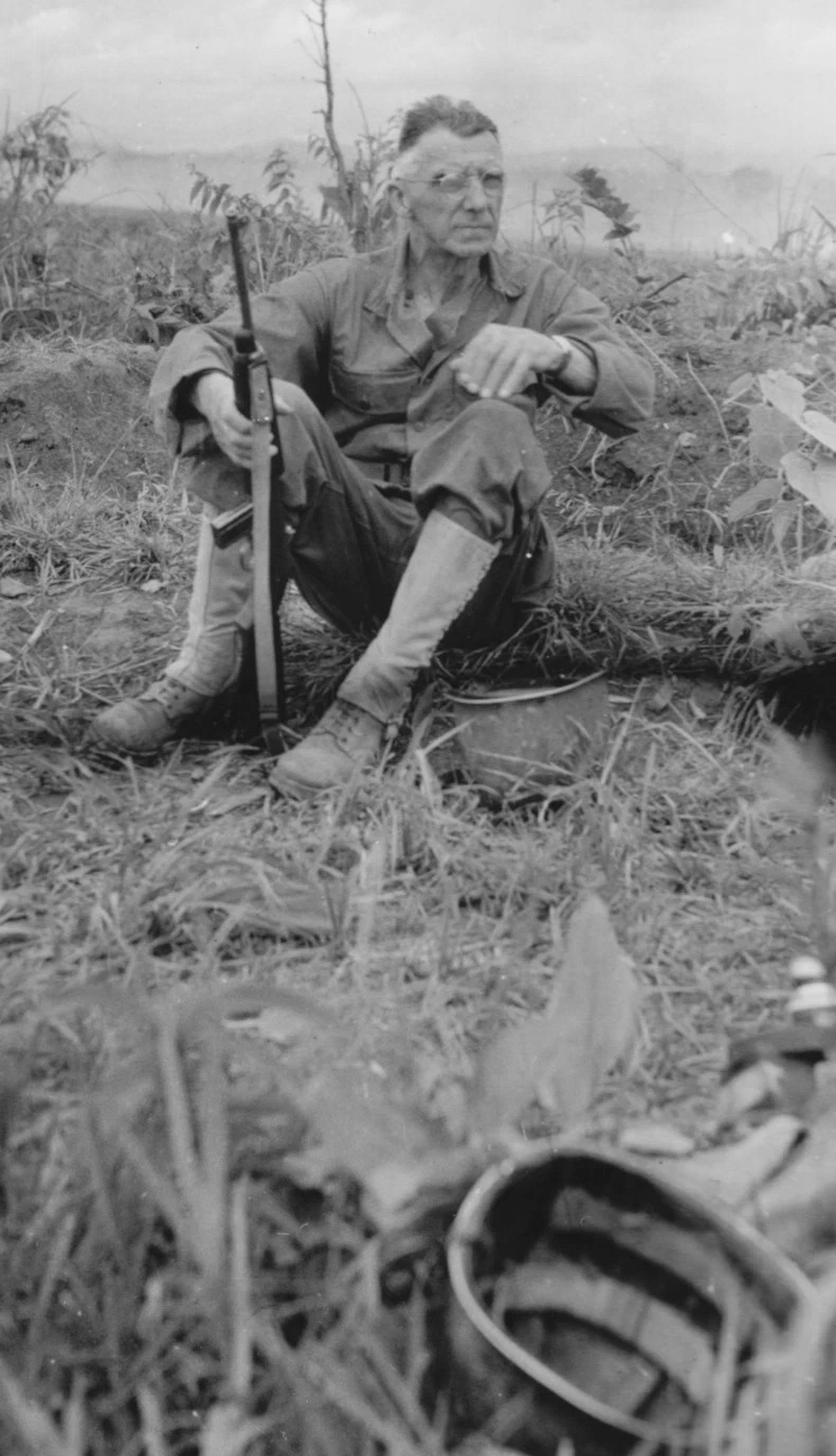 Lieutenant General Joseph Stilwell, with M1 carbine, at Myitkyina airfield, Burma, 17 Jul 1944
