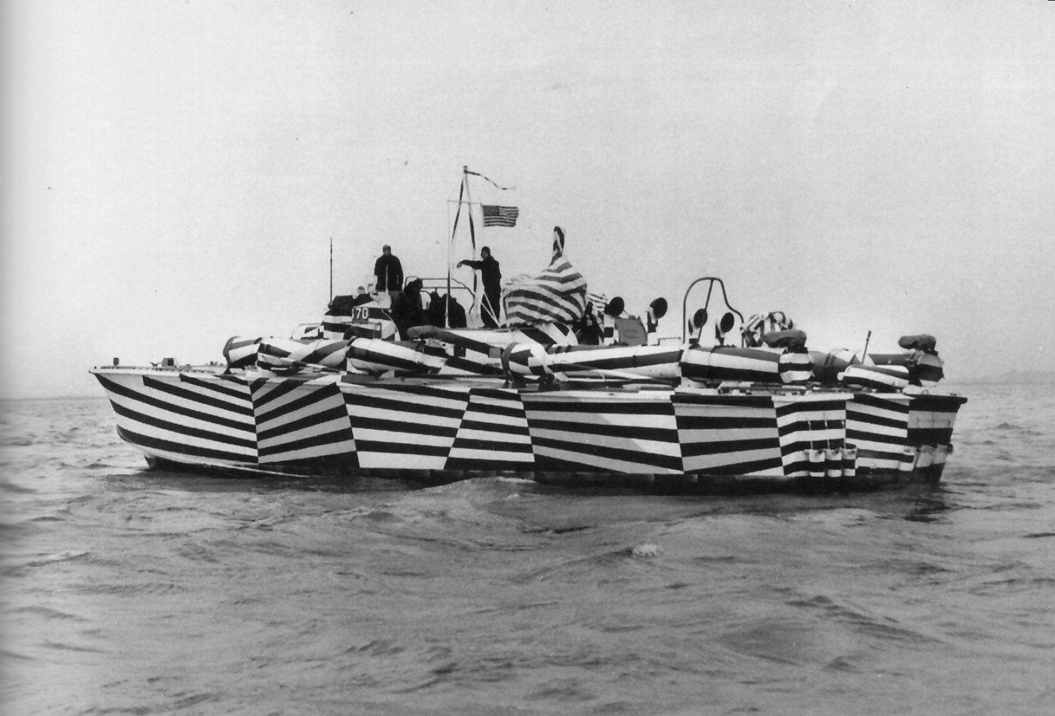 PT-170, an Elco 80-footer of Motor Torpedo Boat Squadron 10 (MTBRon 10), painted in “zebra” pattern designed to thwart enemy optical range finding, 1942. Photo 1 of 2