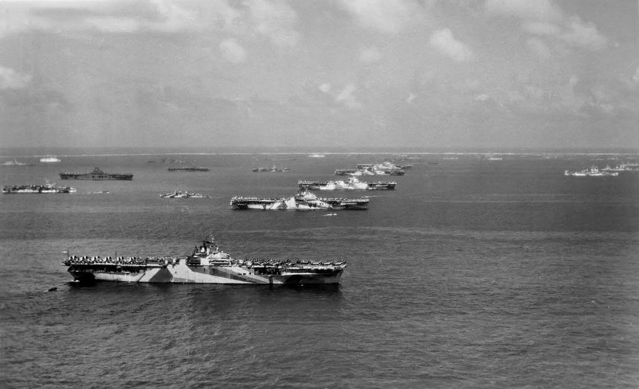 USS Wasp, USS Yorktown, USS Hornet, USS Hancock, USS Ticonderoga, and other warships at Ulithi Atoll, Caroline Islands, 8 Dec 1944, photo 3 of 3