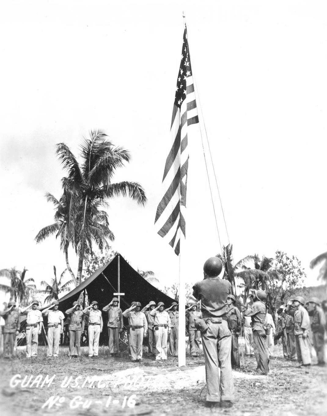 US flag raising ceremony, Guam, Jul-Aug 1944