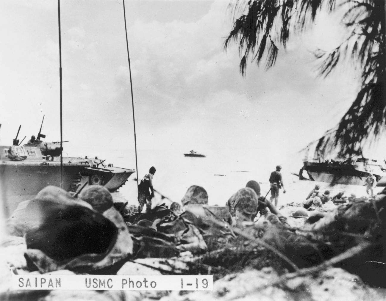 US Marines on a beach on Saipan, Mariana Islands, 15 Jun 1944