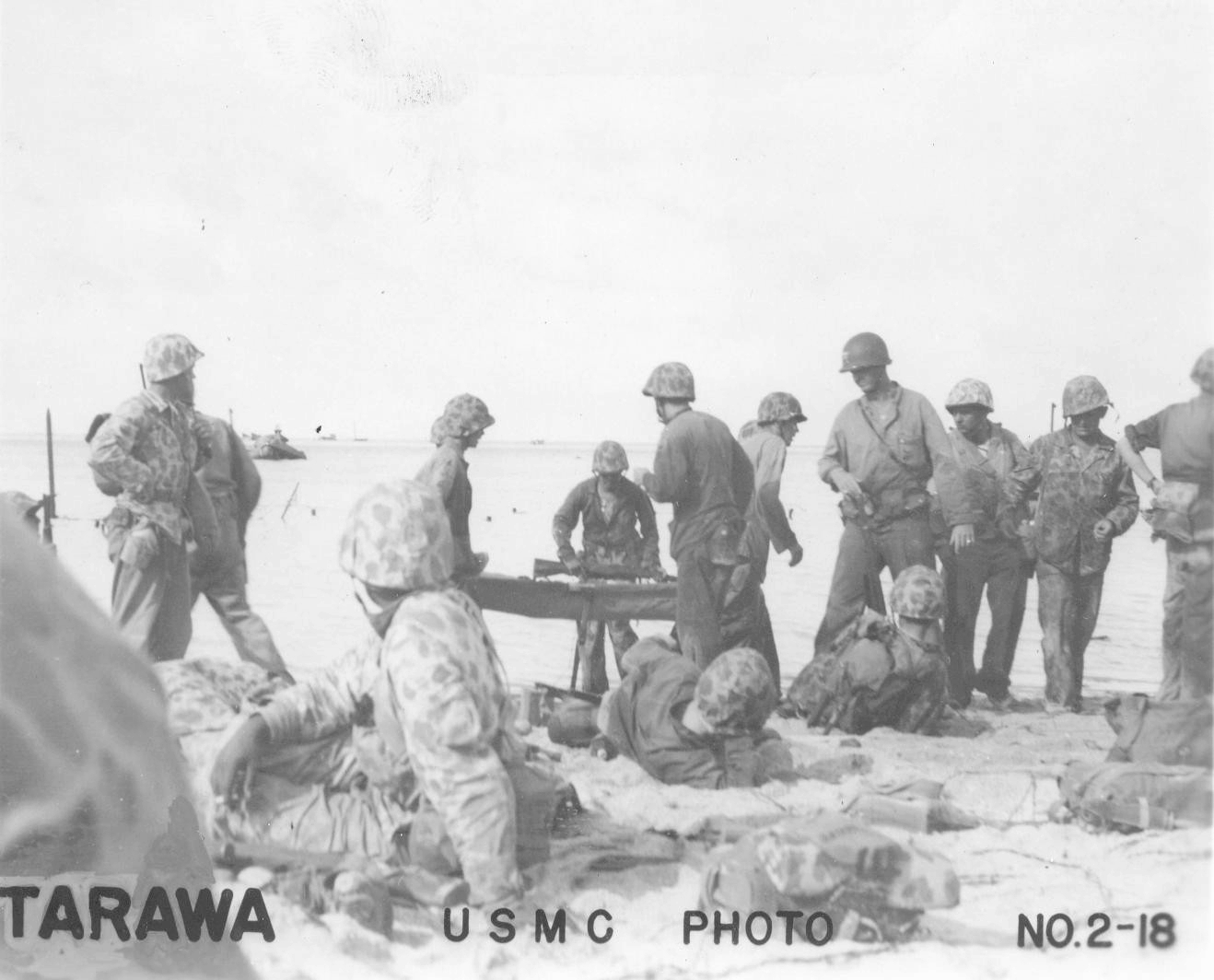 US Marines on the landing beach at Tarawa, Gilbert Islands, late Nov 1943
