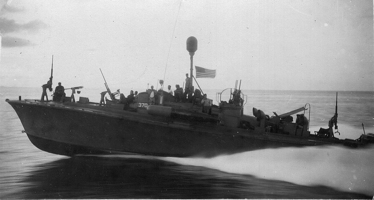 PT-370 of MTB Squadron 18 on patrol in the Philippines, circa Nov 1944. PT-370 was a 70-foot Canadian boat and only four such boats were built. All four were outfitted as Elco 80s despite being 10 feet shorter.