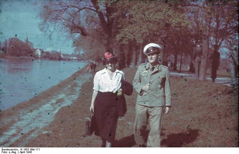 Horst Grund with his mother Marie Elisabeth Grund by the Isar River in Landshut, southern Germany, Apr 1943