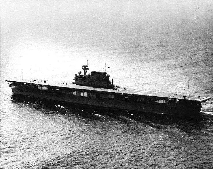 The carrier Yorktown (Yorktown-class) underway during her builder trials, Apr 1937