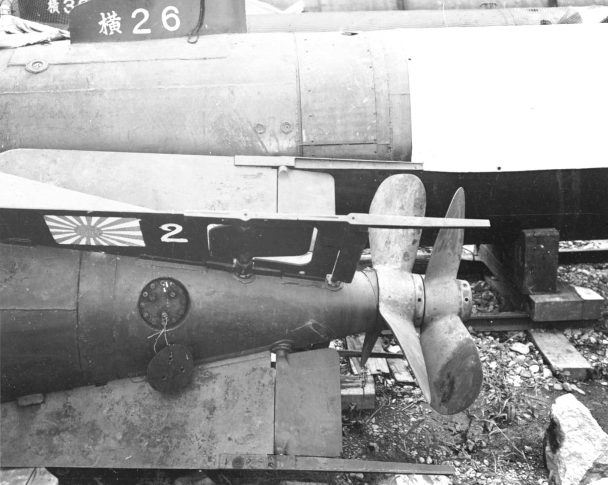American photograph of after bodies (motors) for Japanese Kaiten human guided torpedoes taken at Yokosuka Naval Base, Yokosuka, Japan, 7 Sep 1945