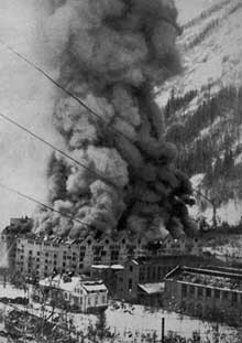 Smoking rising from Vemork hydroelectric plant after Allied air raid, Telemark, Norway, 16 Nov 1943
