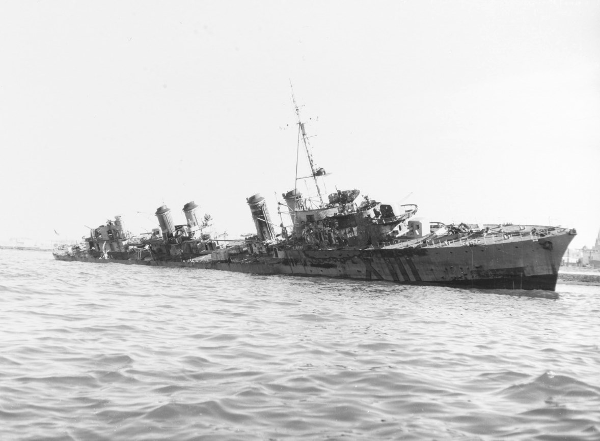 French destroyer Milan beached at Casablanca, French Morocco, 16 Nov 1942 after being damaged in the Battle of Casablanca 8 Nov 1942.