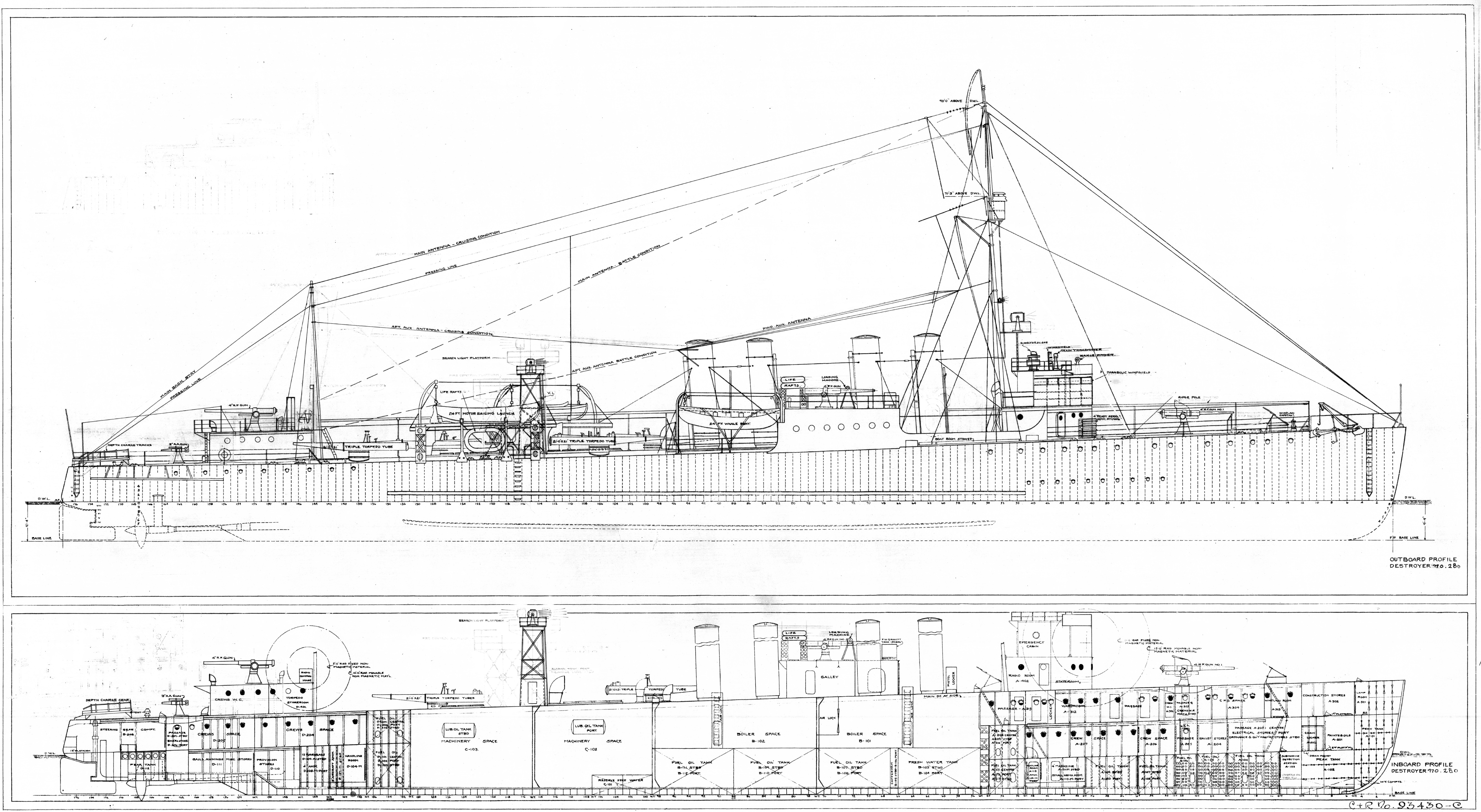 Profile plans for the Clemson-class flush-deck four-stack destroyers