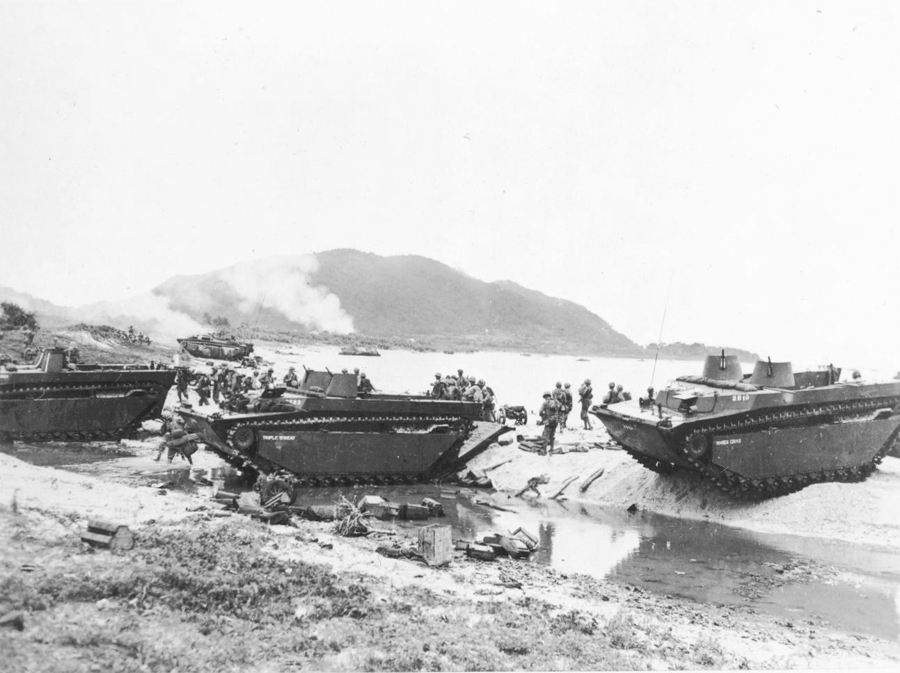 US Marine Corps 8th Regimental Combat Team landing on Iheya, Okinawa, Japan, 3 Jun 1945