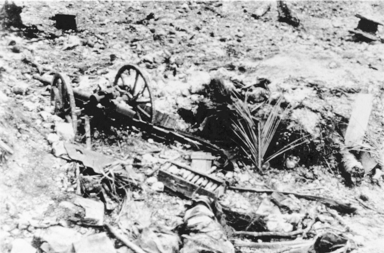 Destroyed Japanese field gun, New Georgia, 1943