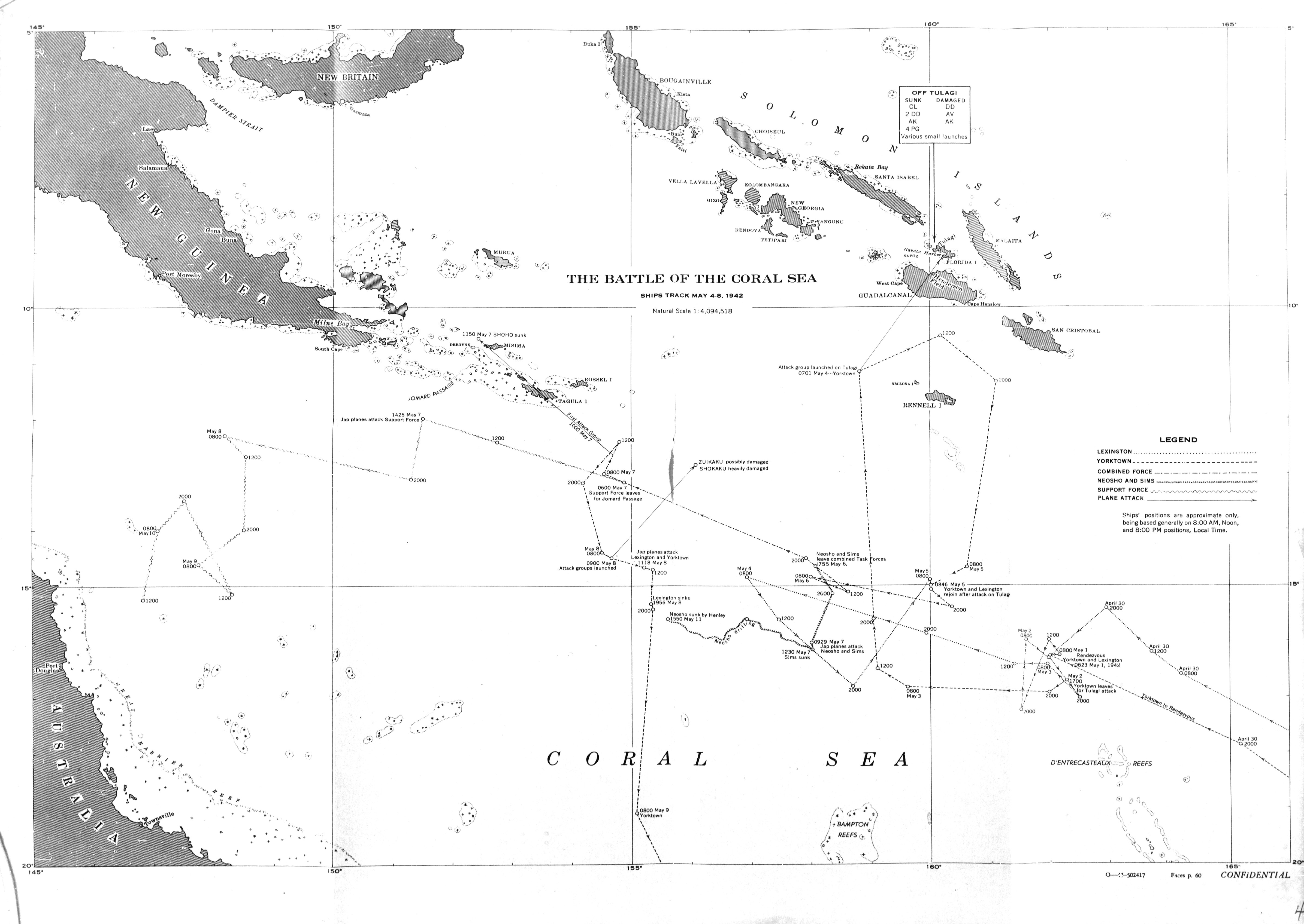 Track of the Battle of the Coral Sea, 8 May 1942, prepared for the United States Navy Office of Naval Intelligence Combat Narrative report.