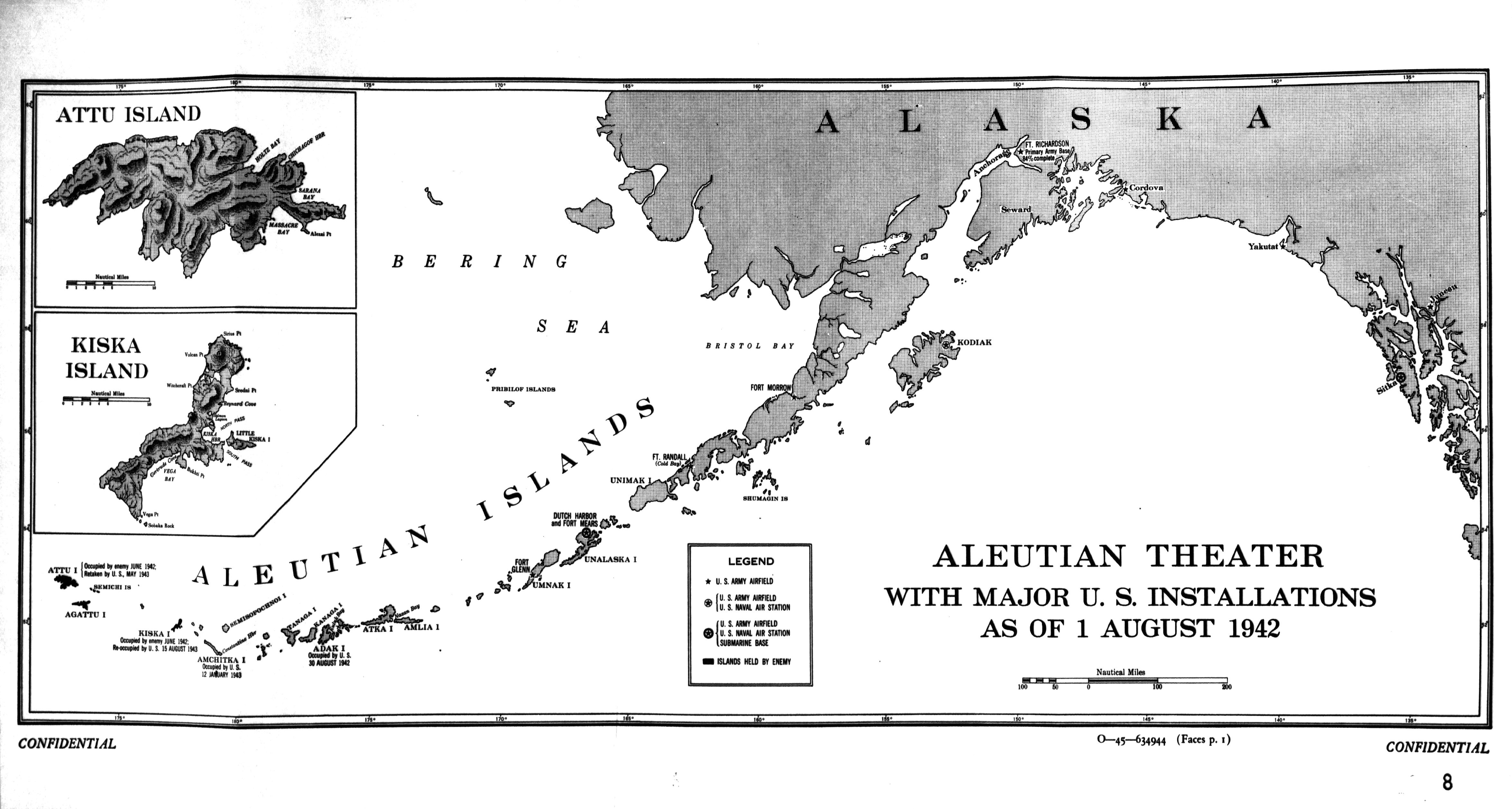 Map of installations in the Aleutian Island Area as of 1 Aug 1942, prepared for the United States Navy Office of Naval Intelligence Combat Narrative report. Note that Attu and Kiska were listed as Japanese held.