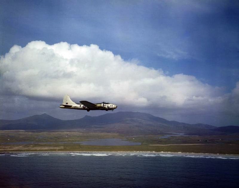 Royal Air Force Fortress IIA of Coastal Command 220 Squadron based at Benbecula, Scotland flying over the islands of the Hebrides west of Scotland, May 1943.