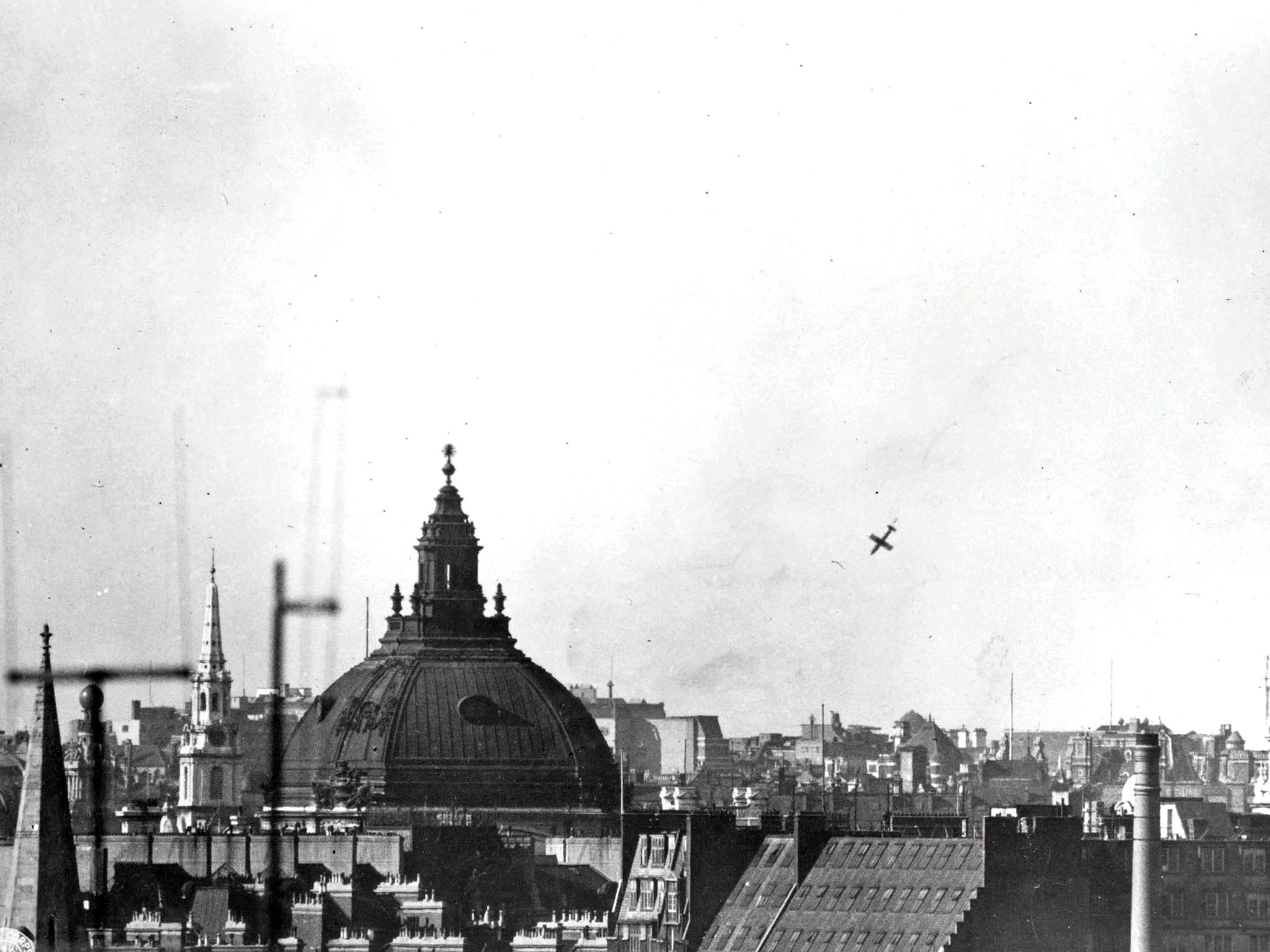A V-1 buzz bomb falling into the Covent Garden area of London, England, United Kingdom, 14 Jun 1944, the second day of the V-1 assault on London.