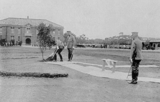Crown Prince Hirohito planting a tree at the Taiwan Army 1st Infantry Regiment headquarters, Taihoku, Taiwan, 26 Apr 1923