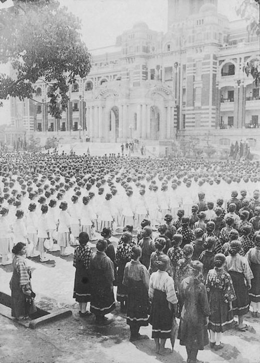 Civilians gathering for Crown Prince Hirohito's visit, Taihoku General Government Building, Taiwan, 17 Apr 1923