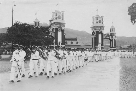 Military marching band playing on the occasion of Crown Prince Hirohito's visit to Taiwan, Kirun, Taiwan, 16 Apr 1923