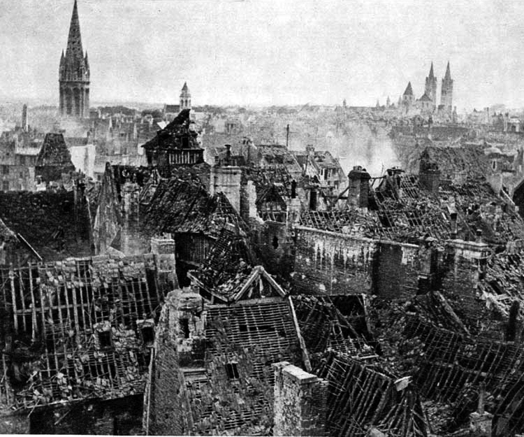 Église Saint-Pierre and surroundings in ruins, Caen, France, 10 Jul 1944