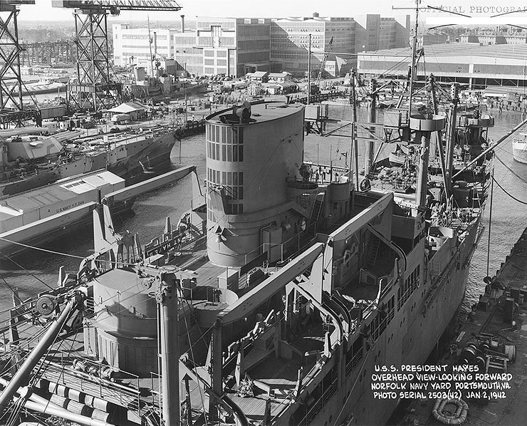 President Hayes and USS New Mexico at Norfolk Navy Yard, Portsmouth, Virginia, United States, 2 Jan 1942