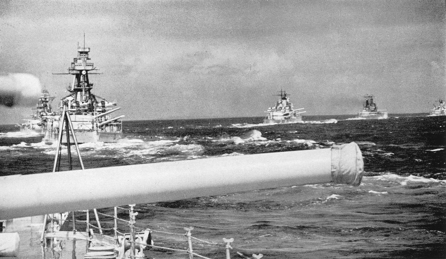 USS Arizona, USS New Mexico, and USS West Virginia during fleet operations, Oct 1940
