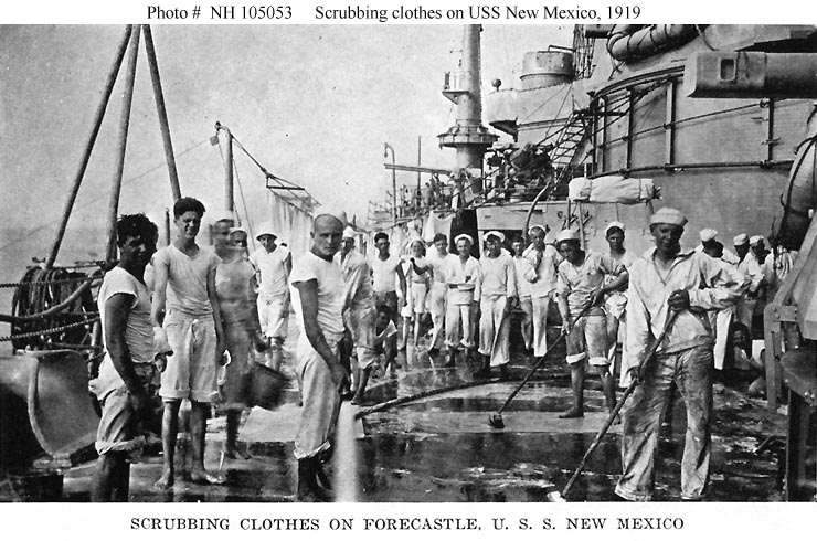 Crewmen scrubbing the forecastle of USS New Mexico, 1919