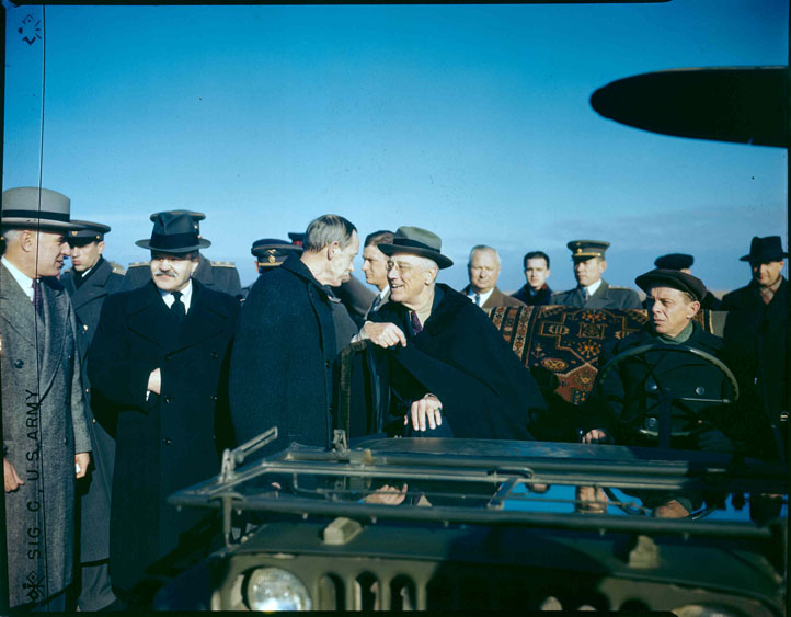 Franklin Roosevelt speaking with Harry Hopkins, Saki, Russia, early Feb 1945