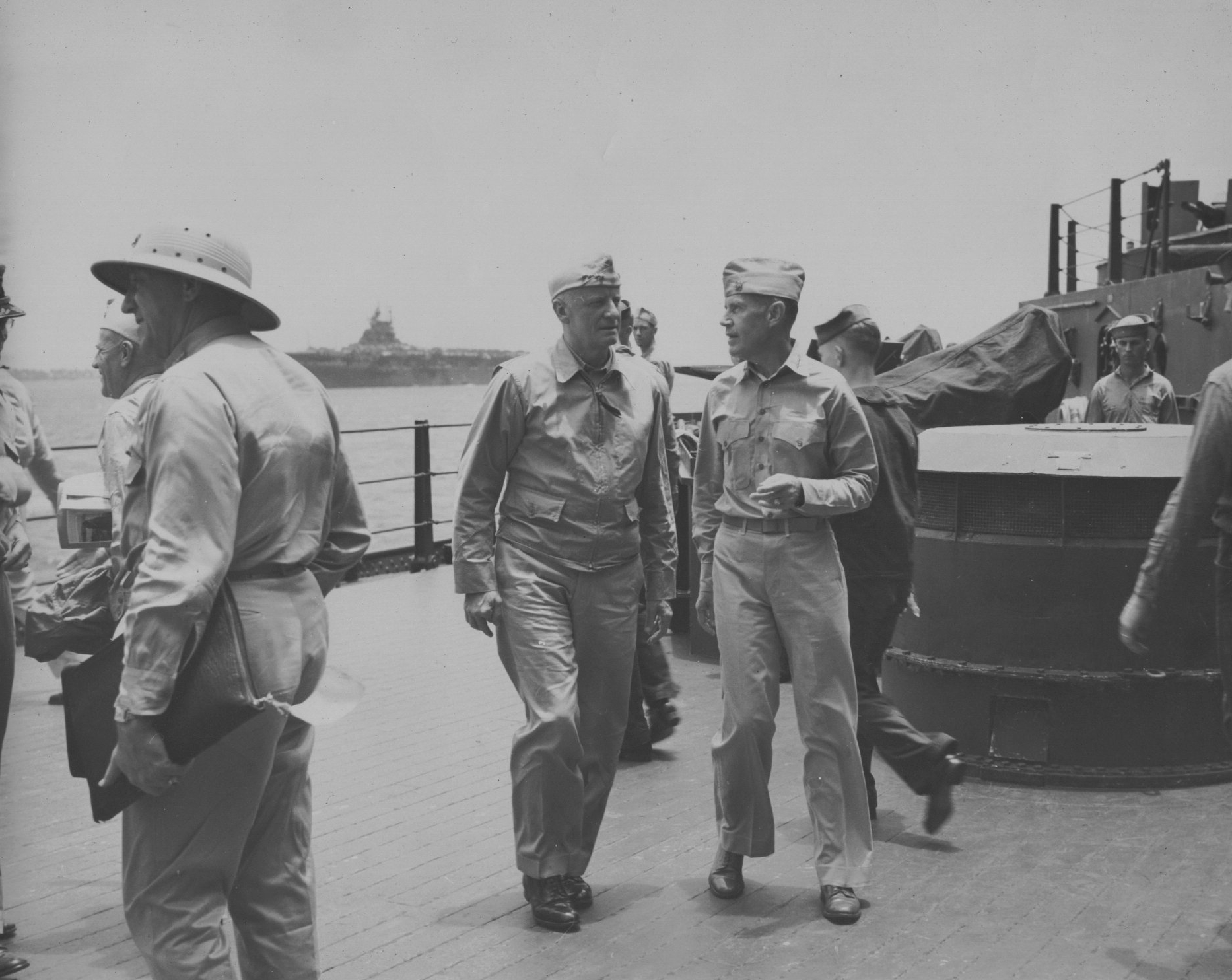 Admiral Raymond Spruance and Admiral Chester Nimitiz aboard USS New Jersey, date unknown, photo 3 of 4
