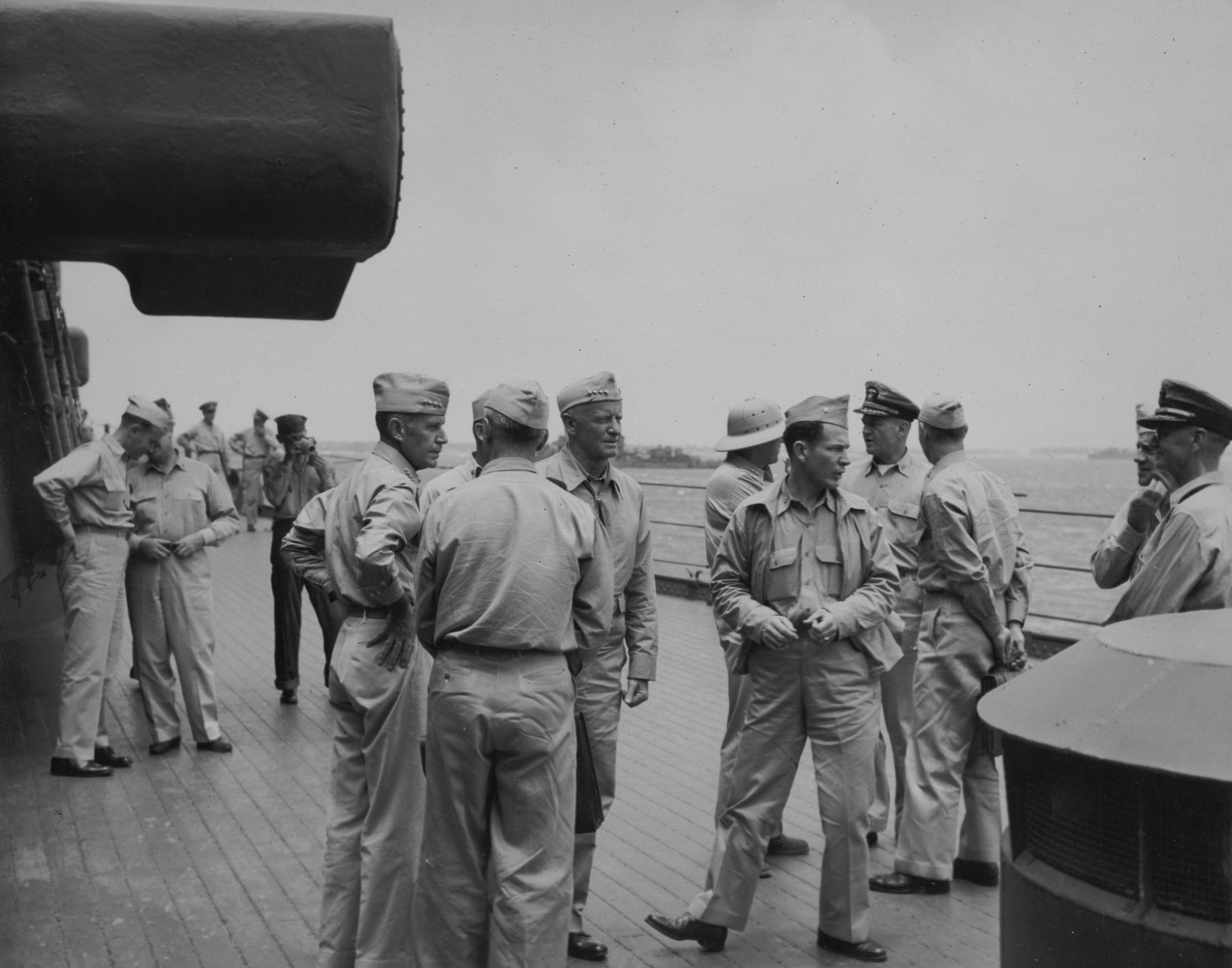 Admiral Raymond Spruance and Admiral Chester Nimitiz aboard USS New Jersey, date unknown, photo 4 of 4; note Robert Elliott in background, with camera
