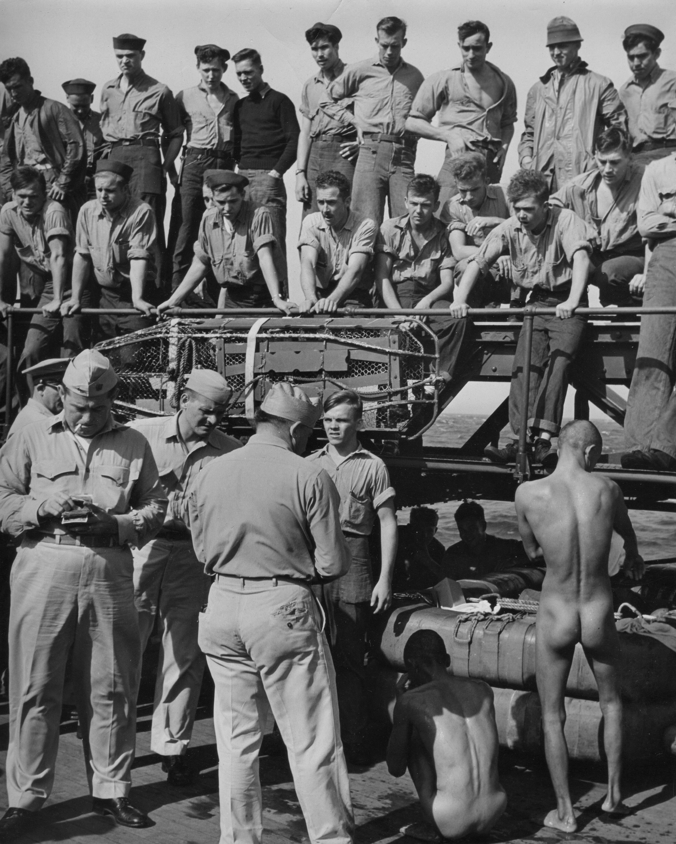 Public humiliation of Japanese prisoners of war aboard USS New Jersey, Dec 1944, photo 1 of 6