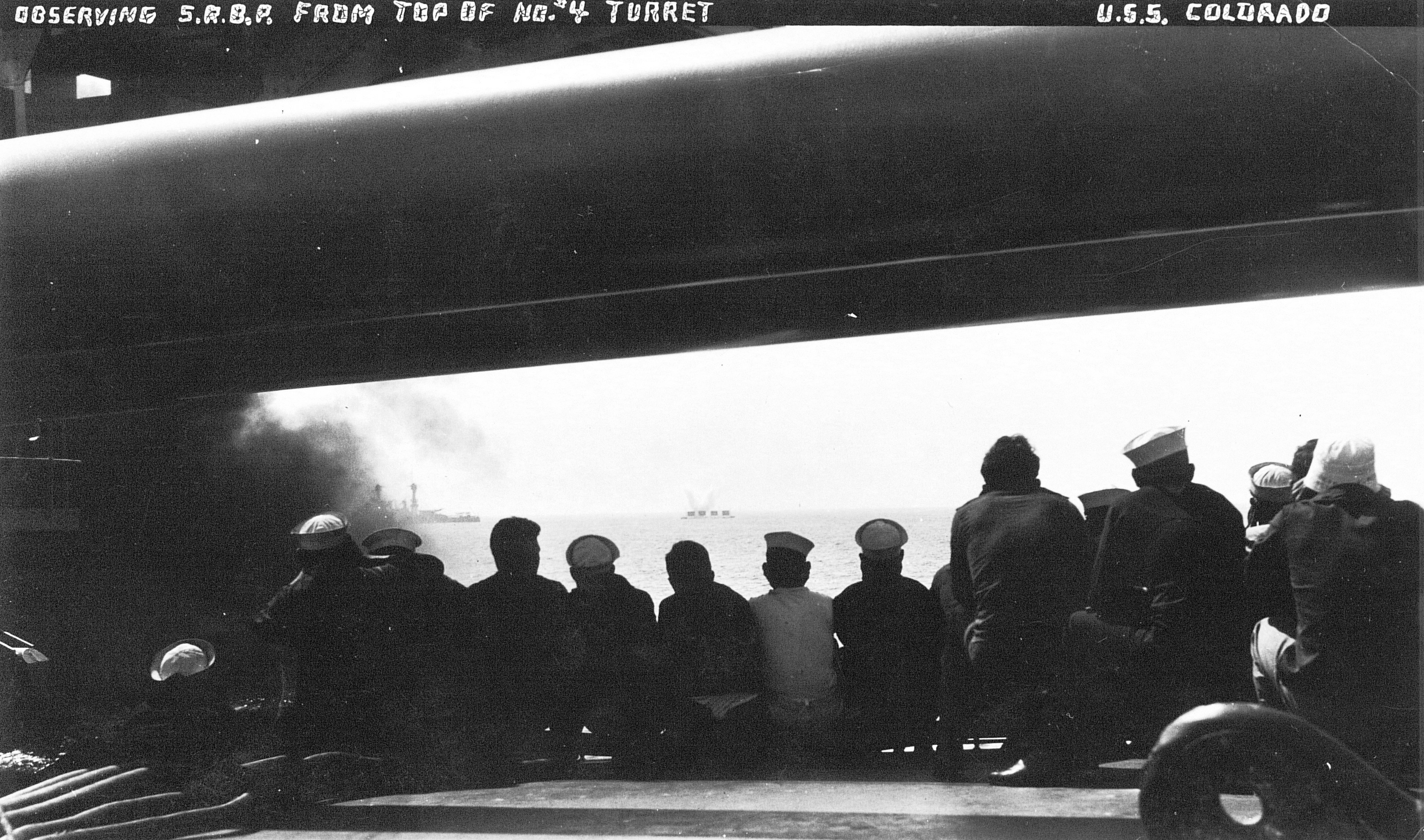 Crew of USS Colorado observing short range battle practice atop Turret No. 4, mid-1920s