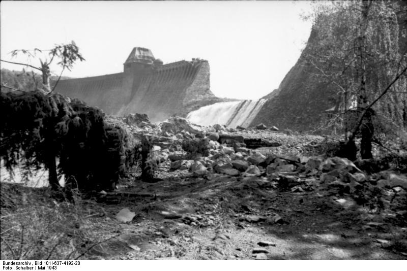 Damaged Möhnesee dam, viewed from a short distance down the Möhne River, Germany, late May 1943
