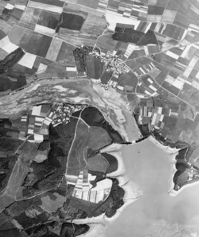 Aerial reconnaissance photo over Möhne Dam, showing flooding, Soest, Westfalen-Süd, Germany, late 17 May or 18 May 1943