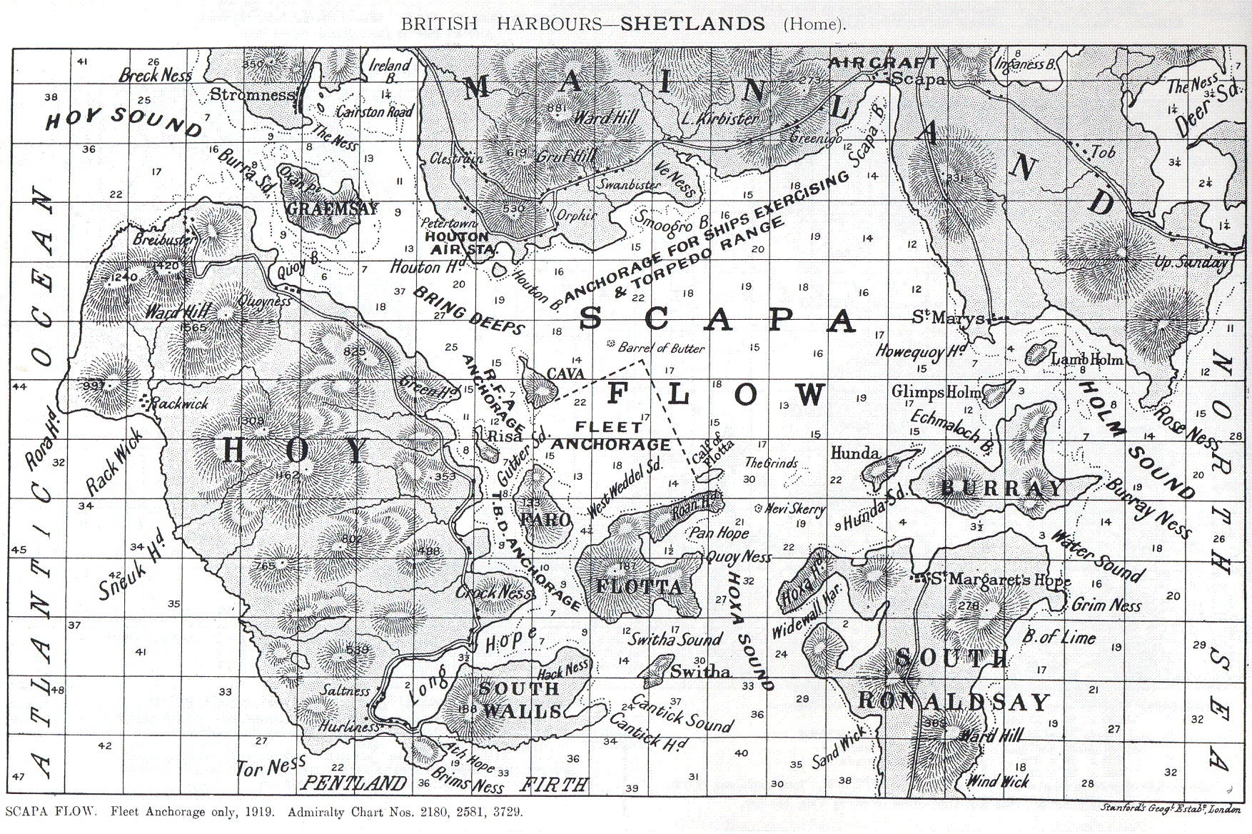 1919 British Admiralty chart of Scapa Flow, Orkney Islands, Scotland, United Kingdom.