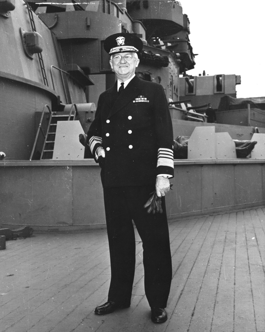 Commander of United States Naval Forces in the Atlantic Admiral Harold Stark aboard the battleship USS South Dakota at Scapa Flow, Orkney Islands, Scotland, United Kingdom, 26 Jun 1943.
