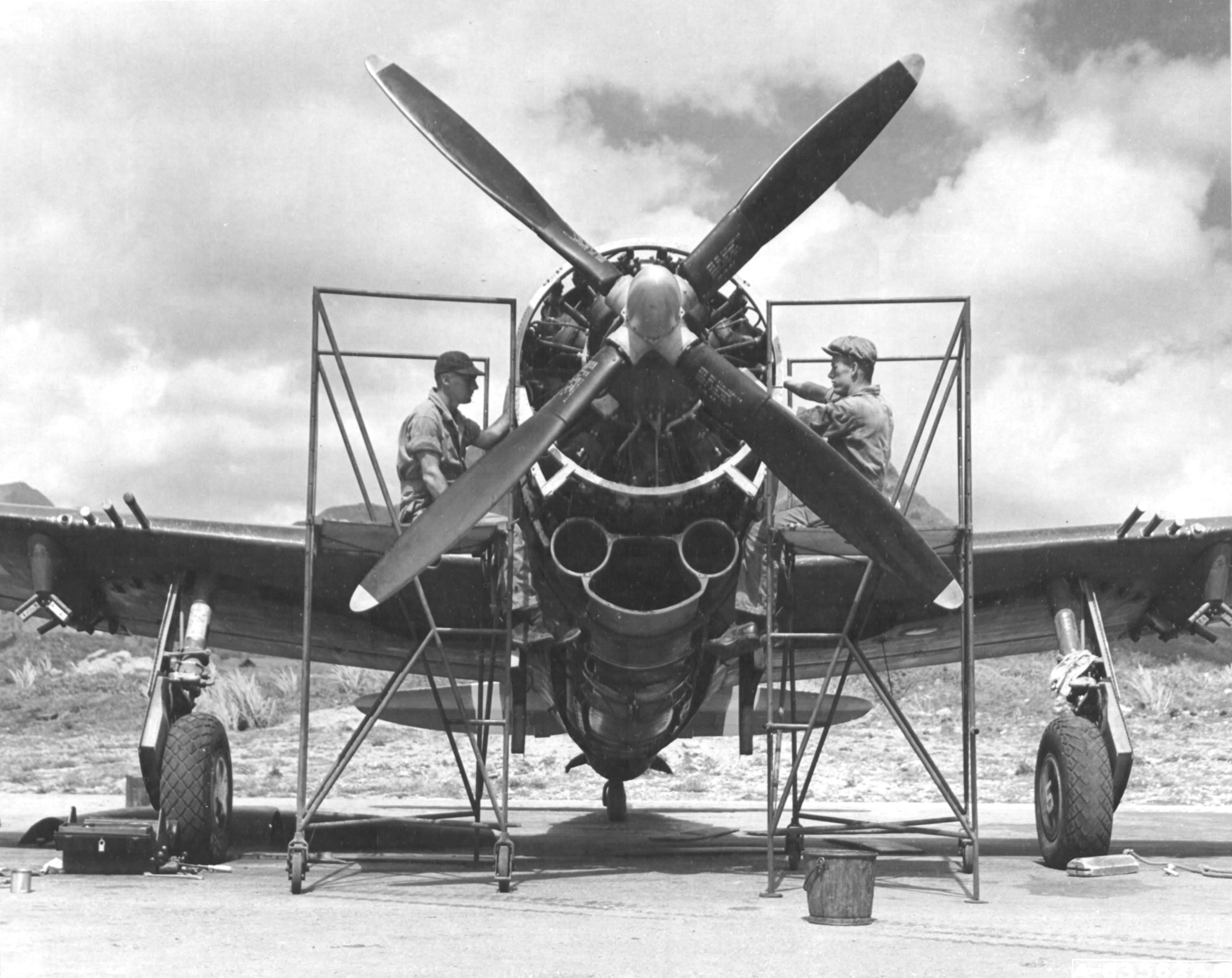 P-47 Thunderbolt aircraft of the 318th Fighter Group receiving maintenance before an inspection at Bellows Field, Oahu, US Territory of Hawaii, 15 May 1944.