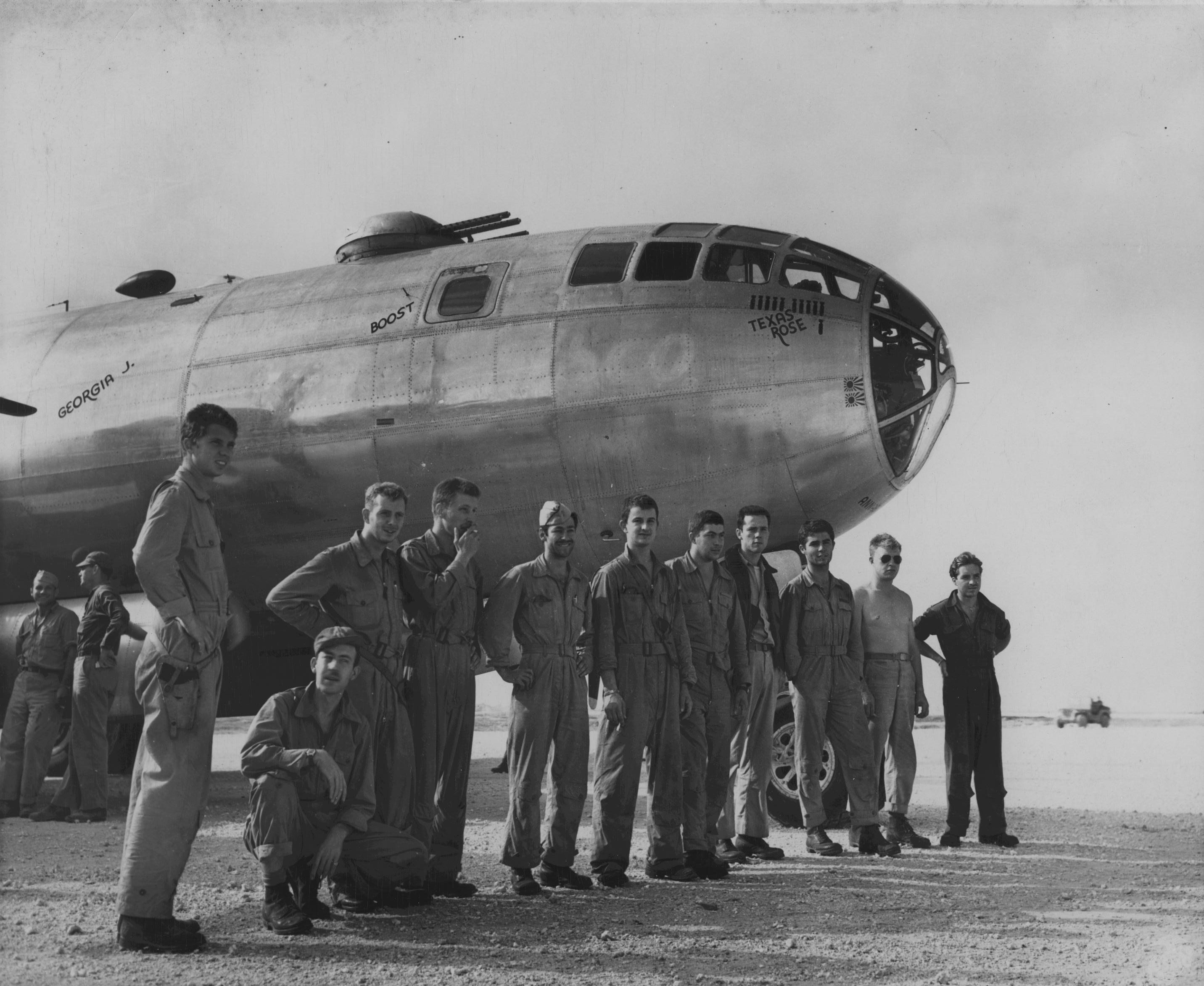 Crew members of the first B-29 bomber to land at Yontan Airfield, Okinawa, Japan, 1945