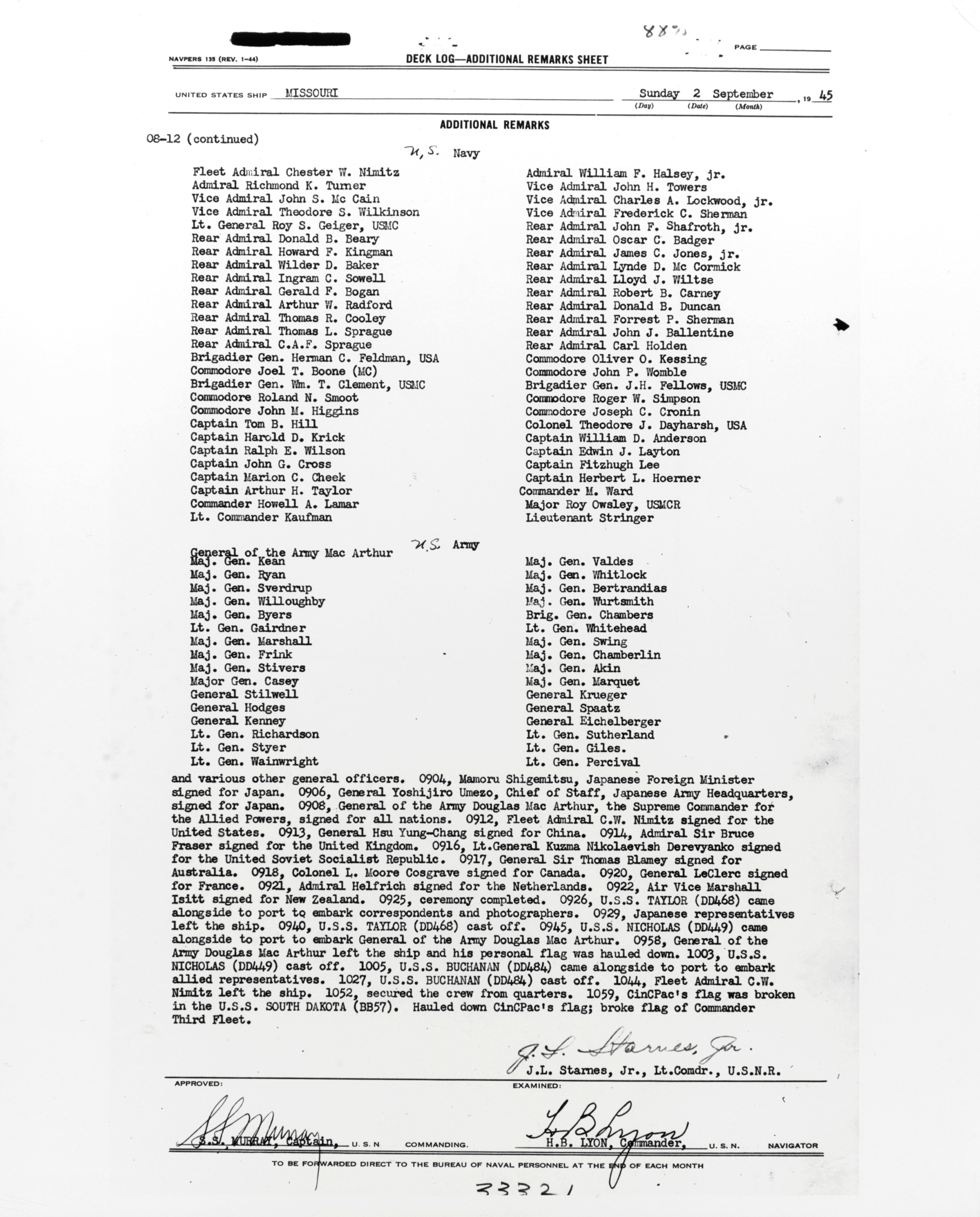 One page from the USS Missouri deck log for 2 Sep 1945 listing many of the dignitaries who came aboard for the surrender ceremony in Tokyo Bay, Japan.