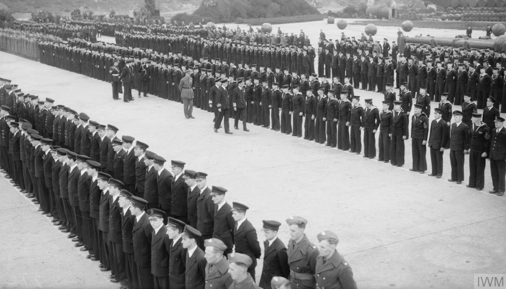 King George VI of the United Kingdom inspecting trawler men & naval personnel at Lyness, Scapa Flow, Orkney Islands, Scotland, United Kingdom, 8 Jun 1942