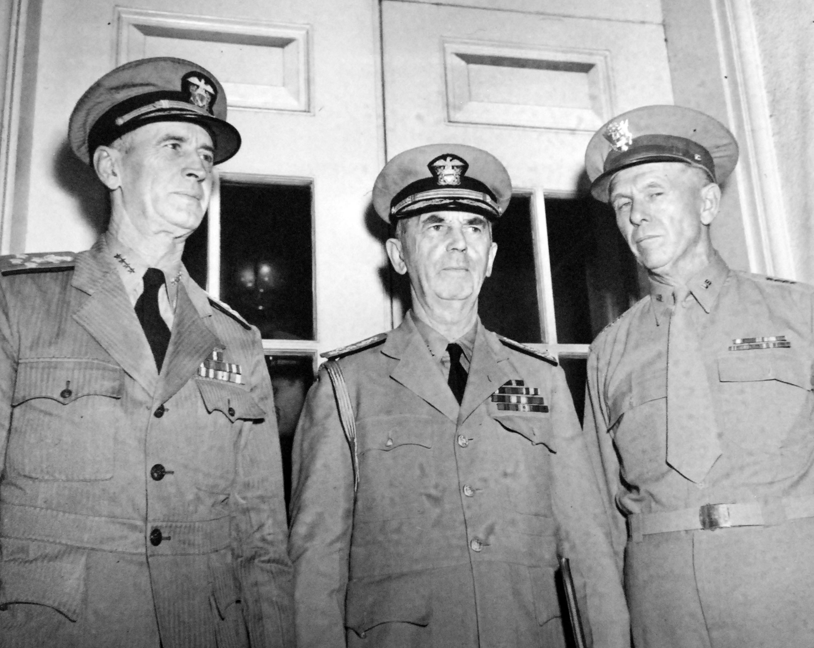 Admiral Ernest King, Chief of Naval Operations; Admiral William Leahy, Chief of Staff to the President; and General George Marshall, Army Chief of Staff at the White House, Washington DC, United States, 28 Jul 1942.