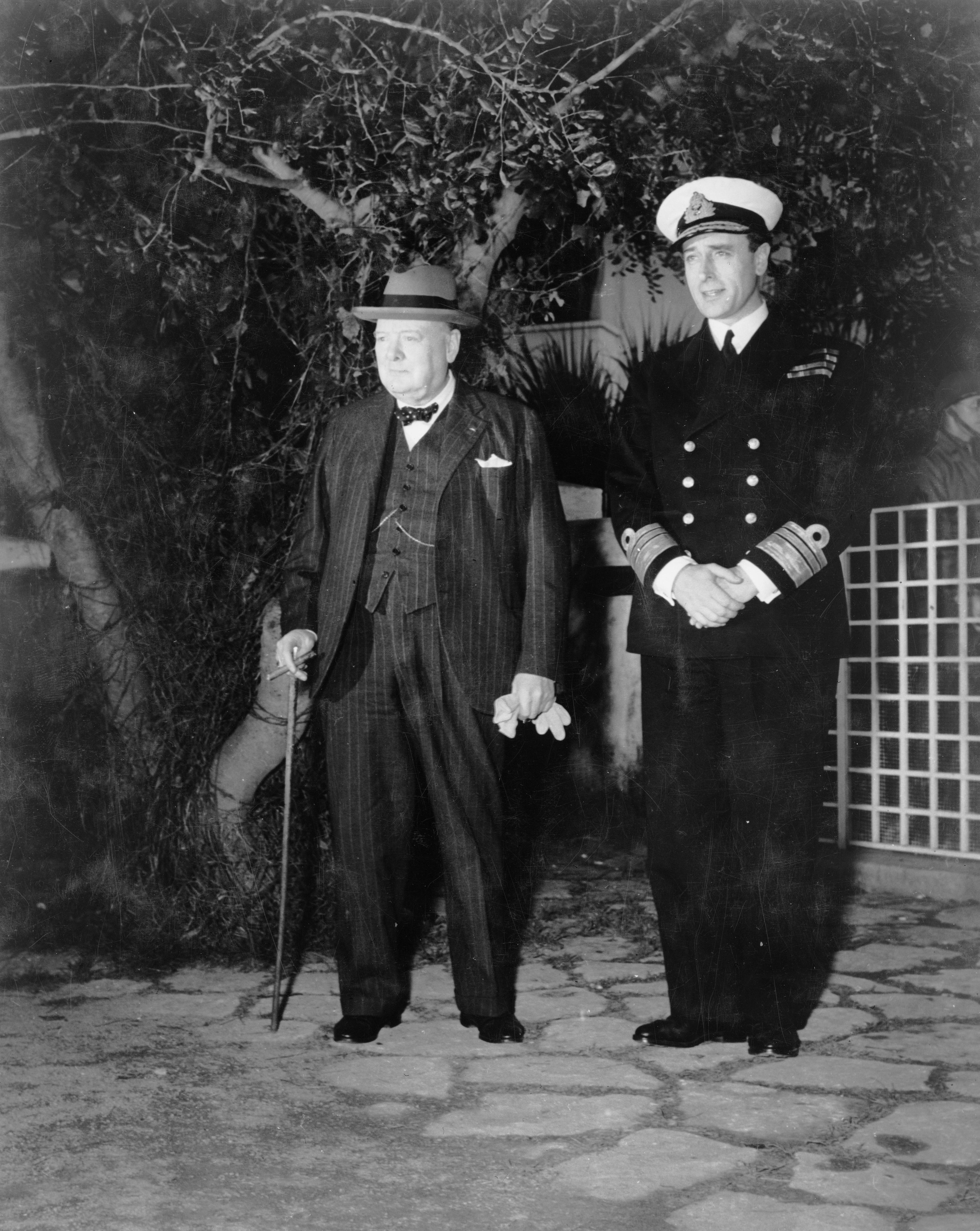 Winston Churchill and Vice Admiral Lord Louis Mountbatten in front of Churchill’s residence in Casablanca, Morocco for the Casablanca Conference, Jan 1943.