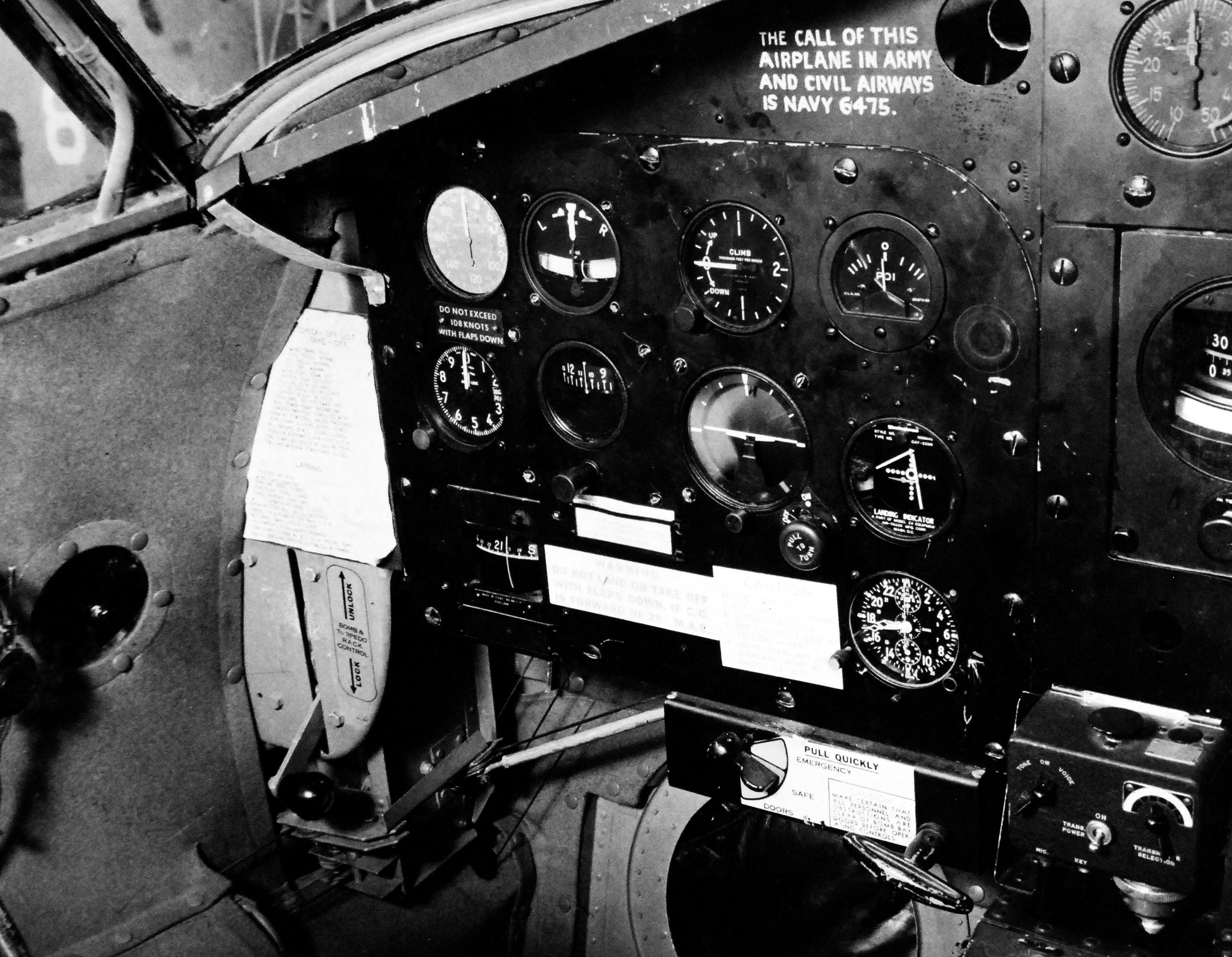 Instrument panel of a Martin PBM-3R Mariner stationed at the Naval Air Station Banana River, Florida, United States, 24 Feb 1943. Photo 1 of 3.