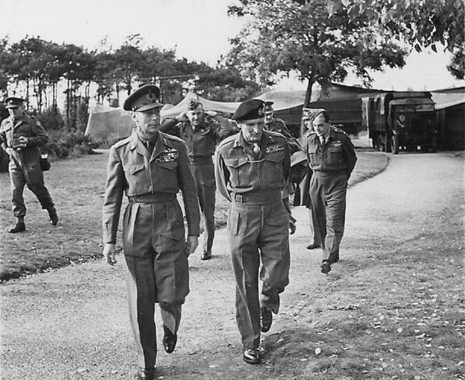 King George VI of the United Kingdom and Field Marshal Bernard Montgomery at Montgomery’s headquarters at Hamont-Achel, Belgium, 15 Oct 1944.