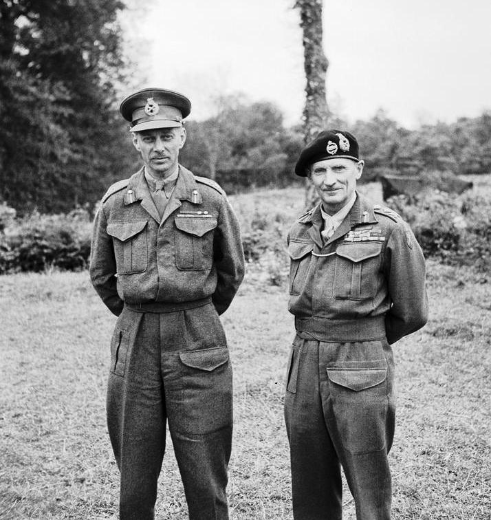 General Miles Dempsey and Field Marshal Bernard Montgomery at Dempsey’s 2nd Army headquarters, 16 Jul 1945.