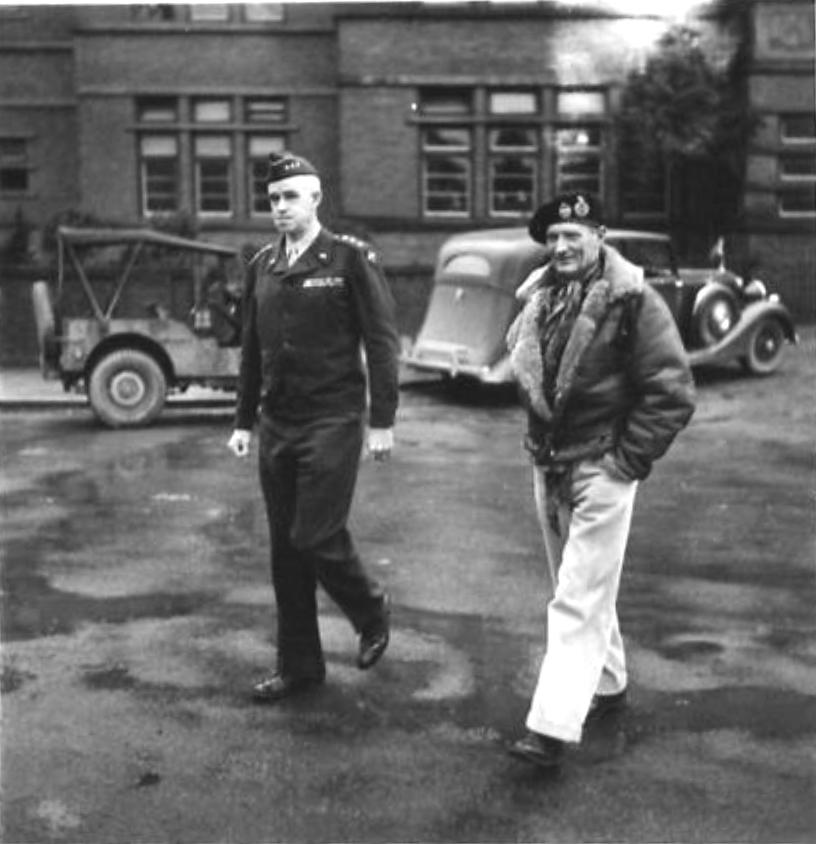 General Omar Bradley and Field Marshal Bernard Montgomery arriving at a command conference, 8 Dec 1944. Note Jeep and Humber staff car.