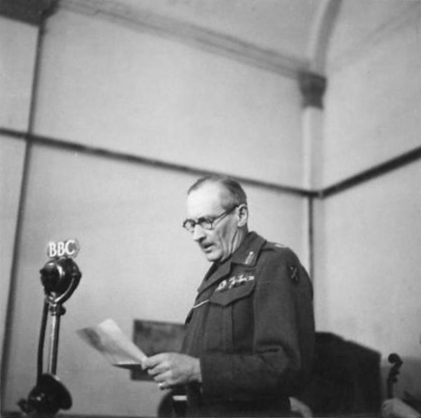 Field Marshal Bernard Montgomery recording his Christmas message to be broadcast in Britain on Christmas Eve, 18 Dec 1944.