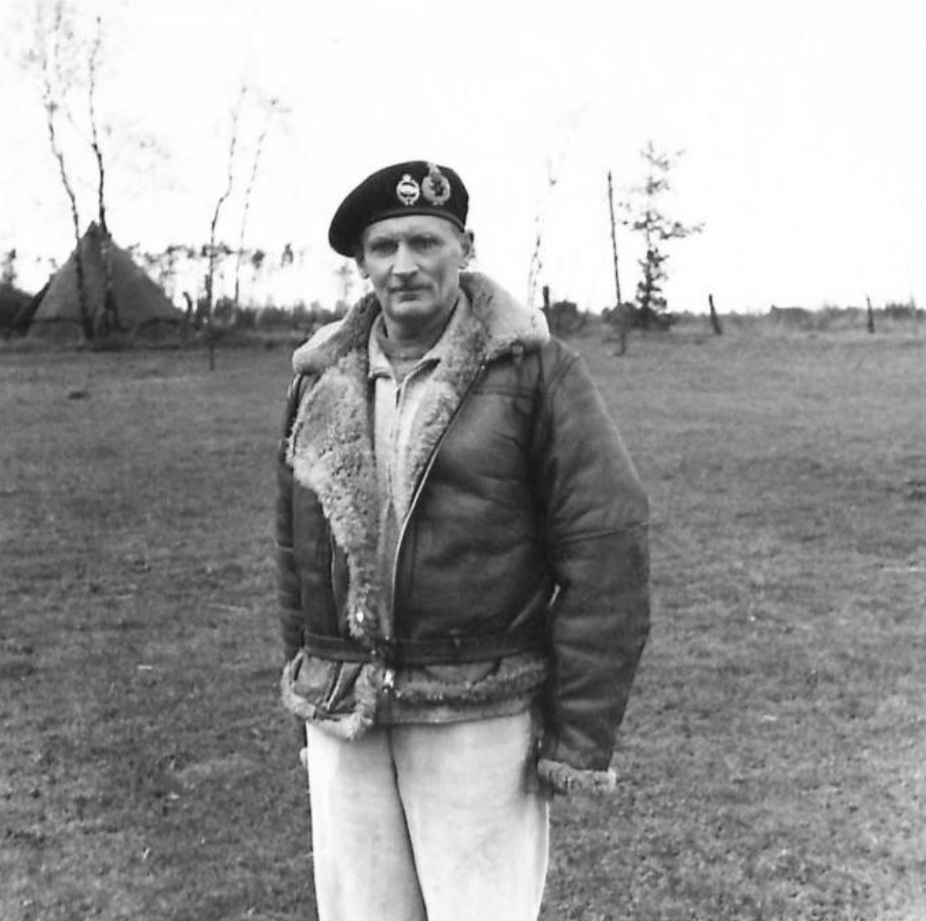 Portrait of Field Marshal Bernard Montgomery in his signature flying coat, 4 Apr 1945.