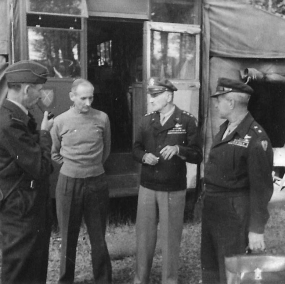 British Air Chief Marshal Arthur Tedder, General Bernard Montgomery, American Lieutenant General Carl Spaatz, and Major General Ralph Royce meeting at Montgomery’s headquarters in Blay, Normandy, France, 15 Aug 1944.