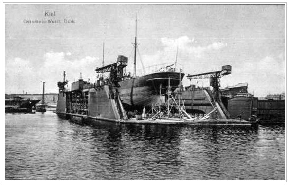 Unidentified vessel in drydock, Germaniawerft yard, Kiel, Germany, circa 1930s