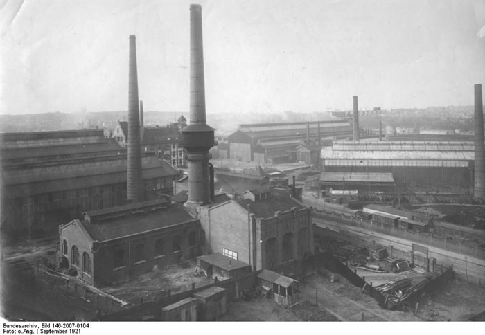 View of Germaniawerft yard of Kiel, Germany, looking northwest, Sep 1921